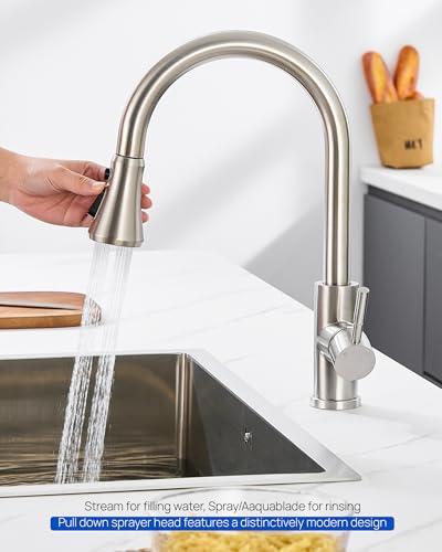 Pull Down Kitchen Faucet Head Replacement Brushed Nickel with 15 Adapters | 3 Functions High Pressure Sink Spray Nozzle, Kitchen Faucet Spray Head, Kitchen Sink Sprayer Head Replacement - color: Brushed Nickel
