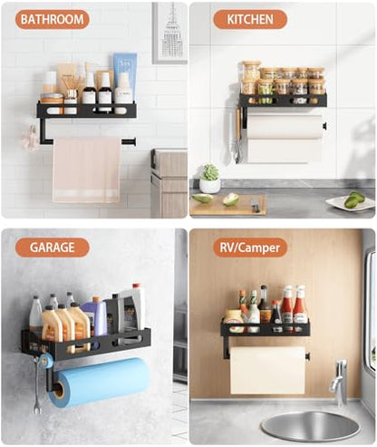 Paper Towel Holder Wall Mount for Kitchen, One-Handed Tear, Bathroom Paper Towel Holder with Shelf, RV Paper Towel Rack Wall Mount Paper Roll Holder with 4 Hooks, Matte Black - color: Matte Black
