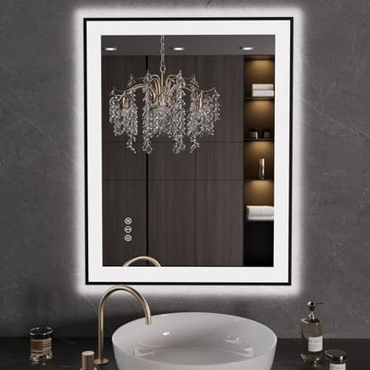 LOAAO 28"X36" LED Bathroom Mirror Black Framed | Anti-Fog, Dimmable, Memory Function, Tempered Glass, Lighted Vanity Mirror for Wall - size: 28"L x 36"W