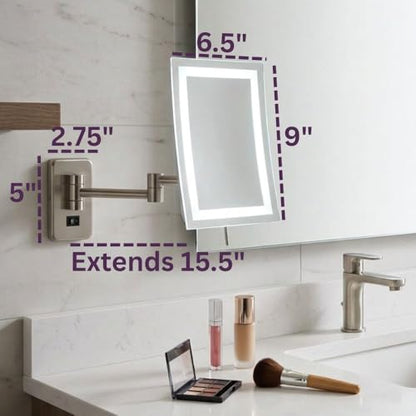 JERDON Hardwired Wall-Mount Makeup Mirror - 5X/1X - Nickel - JRT710NLD | 6.5" x 9" Rectangular Frame, LED Lighting, Direct Wire Install - color: Nickel Direct Wire