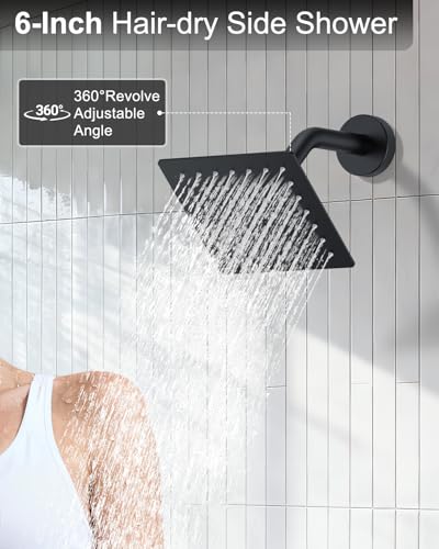 KOJOX Matte Black Dual Shower Head System – 11" Ceiling Rainfall + 6" Wall Mount Heads, 6-Mode Handheld Spray, Push-Button Diverter Faucet Set - color: Matte Black, size: 6''+11''