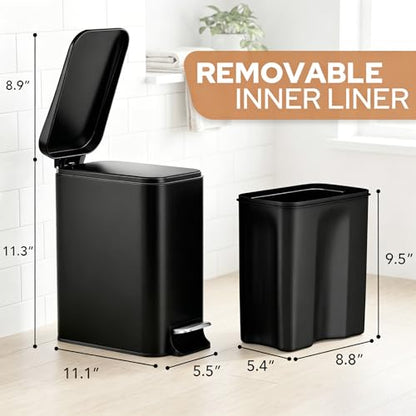 Small Bathroom Trash Can w/Lid Soft Close, 6 Liter/1.6 Gallon Stainless Steel Garbage Can w/Inner Bucket, Trash Bin Waste Basket for Kitchen, Bedroom, Living Room, Office, Toilet, Black - color: Black