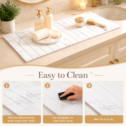 32"×16" Large Stone Dish Drying Mat for Kitchen Counter, White | Long Foldable Diatomaceous Earth Bath Mat, Super Absorbent Quick Drying Mat for Kitchen, White Marble