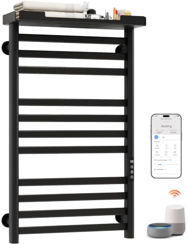 Smart Heated Towel Rack with Shelf, 11-Bar Wall-Mounted, Black | Electric Towel Warmer for Bathroom, Wi-Fi App Control, Adjustable Temperature, 1-24H Timer, 290W, IPX5, Plug-In or Hardwired - color: Black, size: 19.69"x33.46"