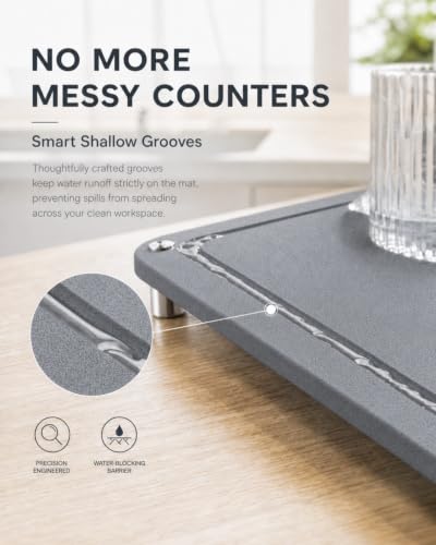 Diatomaceous Earth Dish Drying Mat, Counter, Dark Gray, 24x16 in | Food-grade diatomaceous earth, fast water absorption, 4 sturdy steel feet, doubles as bath or pet mat, dishes not included