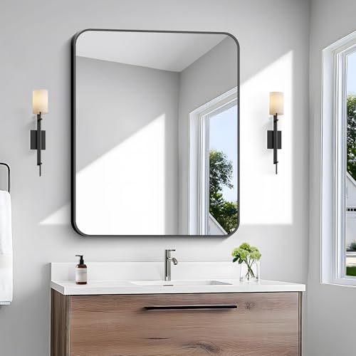 BONEWEI 30x36 inch Bathroom Mirror,Black Rectangle Mirror,Wall Mounted Bathroom Frame Vanity Mirror with Round Corner for Bedroom Living Room, Entryway Hangs Horizontal or Vertical - color: Black Rounded Rectangle, size: 36"L x 30"W