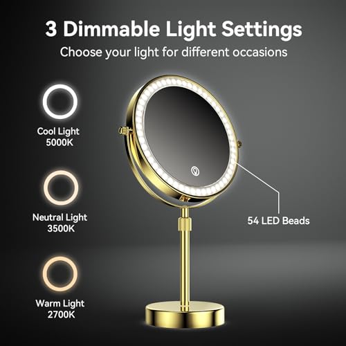 Nicesail 8" Rechargeable LED Magnifying Makeup Mirror, Shiny Gold 1X 10X | 3 Color Lights, 10X Magnification, Height Adjustable Stand up Lighted Magnifying Mirror, Double Sided 360° Rotation - color: Shiny Gold
