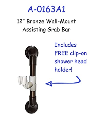 12 in MedGear Wall-Mount Bath Assisting Grab Bar, Bronze & Includes Clip-On Shower Head Holder - color: Bronze