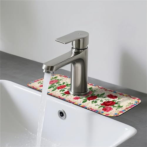 Faucet Fast Absorbent Pad - Red Rose With Wildflower , Suitable For Kitchen, Bathroom, Island And Other Scenes - color: Red Rose with Wildflower