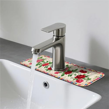 Faucet Fast Absorbent Pad - Red Rose With Wildflower , Suitable For Kitchen, Bathroom, Island And Other Scenes - color: Red Rose with Wildflower