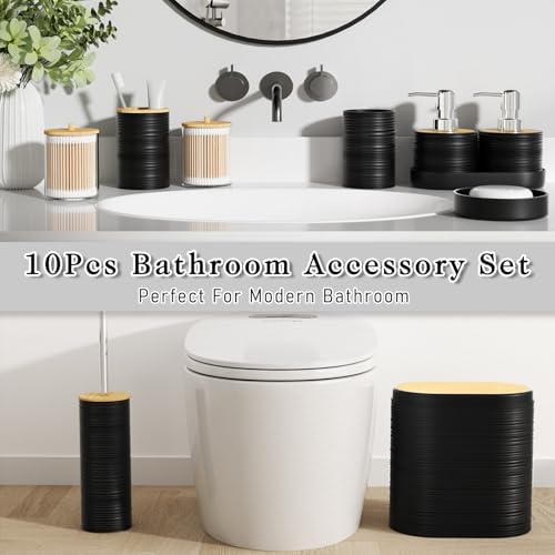 XLHOMO Black Bathroom Set - 10PC Bathroom Accessories Set, Luxury Bathroom Accessory Set with Trash Can,Toilet Brush & 2 PC Soap Dispensers for Apartment Decor and Housewarming - size: Press-lid Bathroom Set, style: Black