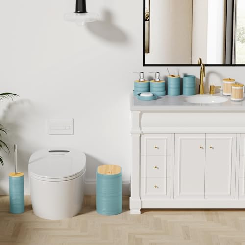XLHOMO Light Blue Bathroom Set - 10PC Bathroom Accessories Set, Luxury Bathroom Accessory Set with Trash Can,Toilet Brush & 2 PC Soap Dispensers for Apartment Decor and Housewarming - size: Press-lid Bathroom Set, style: Light Blue