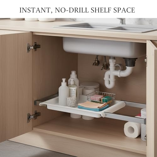 Adjustable Telescopic Cabinet Shelf, Tool-Free Under Sink Organizer Rack, Carbon Steel and PP Plastic Storage Solution for Kitchen and Bathroom - size: 9.84 x 5.91 x 0.98 in