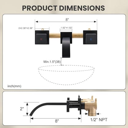 ALEASHA Wall-Mounted Bathroom Sink Faucet, Matte Black Bathroom Faucet | Waterfall Bathroom Faucet with Two Handles, Brass Bathroom Sink Faucet, Wall-Mounted Washroom Faucets and Rough-in Valve - color: Matte Black