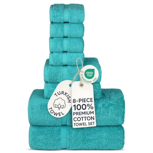 Chakir Turkish Linens Set of 8 Towel Set, 100% Cotton Luxury Turkish Towels for Bathroom, Soft Absorbent Bath Towel Set with 2 Bath Towels 2 Hand Towels 4 Washcloths, Aqua - color: Aqua