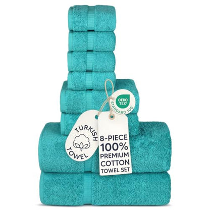 Chakir Turkish Linens Set of 8 Towel Set, 100% Cotton Luxury Turkish Towels for Bathroom, Soft Absorbent Bath Towel Set with 2 Bath Towels 2 Hand Towels 4 Washcloths, Aqua - color: Aqua