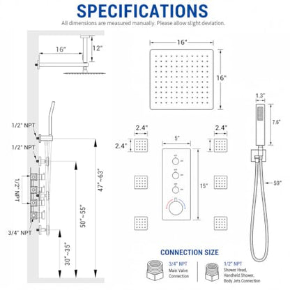 Thermostatic Shower System with 6 Body Jets & 16-Inch Ceiling Rainfall Shower Head Luxury Full Body Brushed Nickel Shower Faucet with Handheld Sprayer, Shower Fixtures Set with Valve and Trim - color: Brushed Nickel