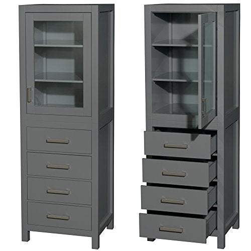 Wyndham Collection Sheffield 24 inch Linen Tower in Dark Gray with Shelved Cabinet Storage and 4 Drawers - color: Dark Gray With Brushed Chrome Trim