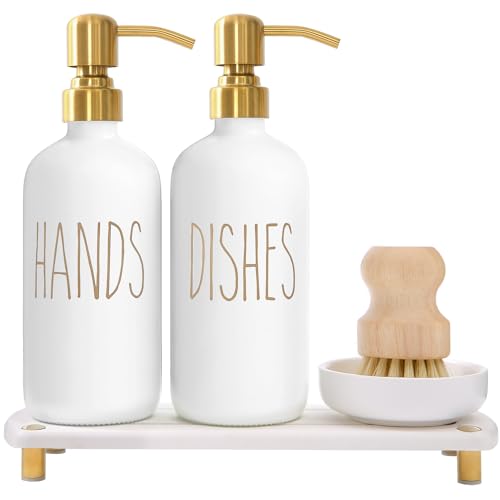 MOMEEMO Gold Soap Dispenser Set Comes with Stainless Steel Pumps | Instant Dry Tray and Dish Scrub Brush, Suitable for Kitchen Decor and Accessories - color: Gold1
