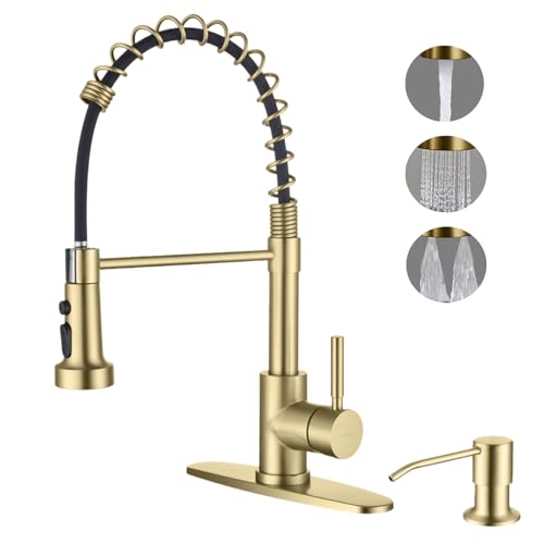 Gold Kitchen Faucets with Pull Down Sprayer and Soap Dispenser, Stainless Steel Single Pull Out Spring Sink Faucet, 3 Function Sprayer 1 or 3 Hole Deck Plate for Farmhouse Rv Bar - color: Gold, style: Classic(with Soap Dispenser)