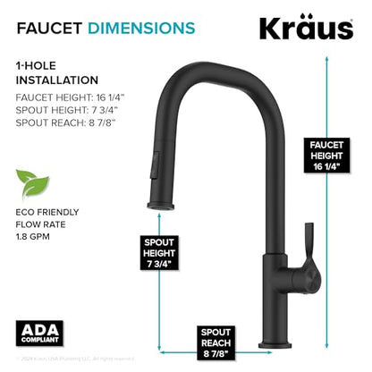 KRAUS Torak Pull Down Kitchen Faucet in Matte Black with 2 Function Sprayer, Pre-Attached Water Lines, and Mounting Hardware, KPF-2841MB - color: Matte Black, style: Pull-Down Square Arc Faucet