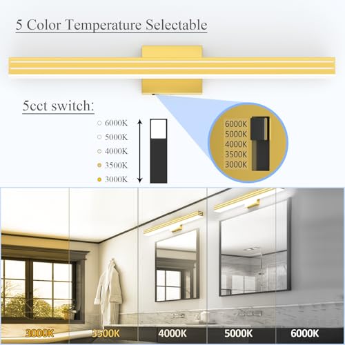 Ralbay 31.5inch Gold Vanity Light with 5 Color Temperature (2700K-6000K) Dimmable Acrylic Metal 30W LED Modern Matte Gold Bathroom Light Fixtures - color: Gold, size: 32 inch