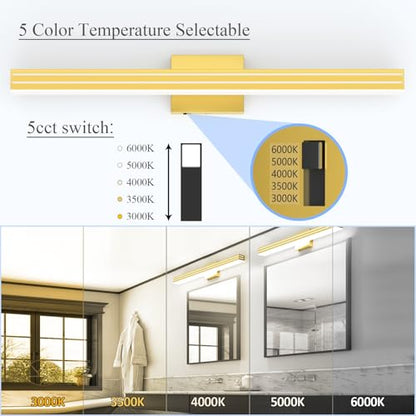 Ralbay 31.5inch Gold Vanity Light with 5 Color Temperature (2700K-6000K) Dimmable Acrylic Metal 30W LED Modern Matte Gold Bathroom Light Fixtures - color: Gold, size: 32 inch