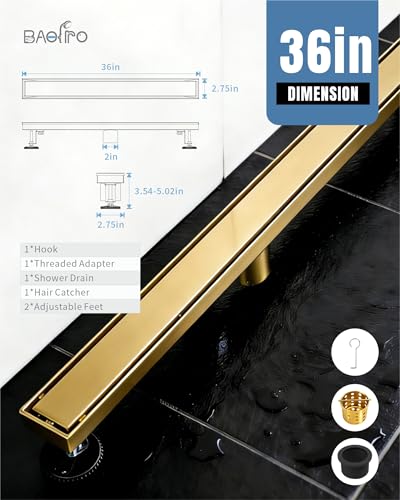 36 Inch Brushed Gold Linear Shower Drain | CUPC Certified 2-in-1 Tile Insert for Curbless Showers. 304 Steel, 15.8GPM Flow. Includes Hair Catcher & Adjustable Feet. - color: Gold, size: 36in