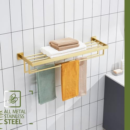 KOKOSIRI 32'' Towel Shelf Holder Bathroom Towel Rack with Two Bath Towel Bars Rails SUS304 Stainless Steel Wall Mount, Brushed Gold B6003BG-L32 - color: Brushed Gold, size: 32-Inch