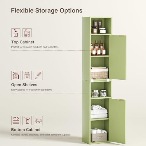 AKMAKM 59.1" Tall Slim Bathroom Storage Cabinet Green | Freestanding or Wall Mounted Modular Cabinet, Fluted Panel Linen Tower with Adjustable Shelves for Small Spaces - color: Green