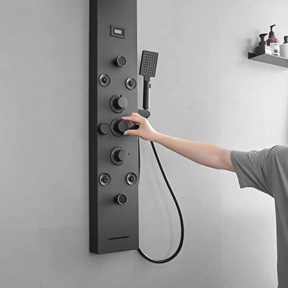 BWE Shower Panel Rainfall Waterfall with Handheld Shower Matte Black | 6 IN 1 Stainless Steel Shower Tower Panel System Massage Body Jets with Tub Spout Water Temperature Display Wall Mount