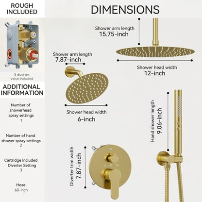 Shower Systems Shower Faucet Sets STARBATH 3 Way 12+6" Round Dual Rainfall Shower Head with Handheld Spray Combo, Ceiling Mounted Rain Shower Valve with 5 Diverter and Trim Kit Complete, Brushed Gold - color: Brushed Gold, size: 6+12 inch-04