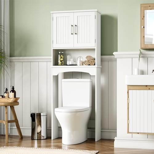 Over The Toilet Storage Cabinet, Double Door Over Toilet Bathroom Organizer, Space-Saving & Open Shelf & Anti-Tip Device, White
