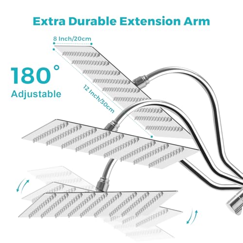 Rain Shower Head, 12 * 8 Inch Rectangular Shower Head with Handheld Spray, Rainfall Dual Showerhead Set with Adjustable Slide Bar, 77" Hose, Curved Extension Arm, Chrome, 1.8 GPM, DOE & CEC Certified