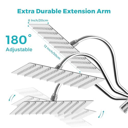 Rain Shower Head, 12 * 8 Inch Rectangular Shower Head with Handheld Spray, Rainfall Dual Showerhead Set with Adjustable Slide Bar, 77" Hose, Curved Extension Arm, Chrome, 1.8 GPM, DOE & CEC Certified