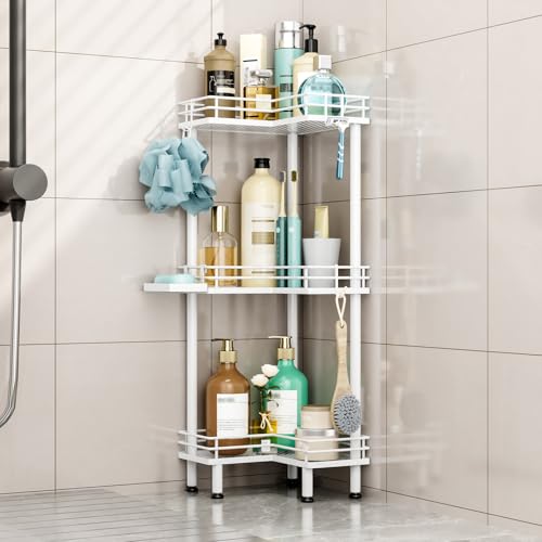 HapiRm Corner Shower Caddy Standing - 3 Tier Shower Organizer Corner with Soap Holder, Rustproof Bathroom Standing Organizer with 4 Hooks, White - color: White, size: 3-tier