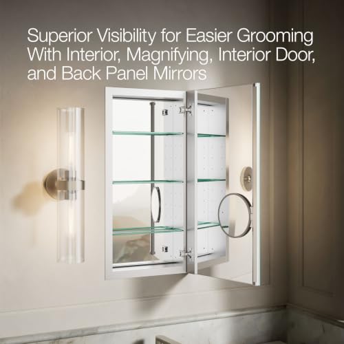 KOHLER 99001-NA Verdera 15" W x 30" H Bathroom Medicine Cabinet with Magnifying Mirror, Recessed or Surface Mount Bathroom Wall Cabinet, Slow-Close Doors - size: 15" W x 30" H, style: Magnifying Mirror + Slow Close