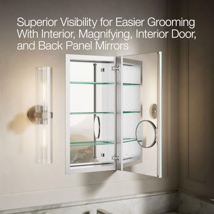 KOHLER 99001-NA Verdera 15" W x 30" H Bathroom Medicine Cabinet with Magnifying Mirror, Recessed or Surface Mount Bathroom Wall Cabinet, Slow-Close Doors - size: 15" W x 30" H, style: Magnifying Mirror + Slow Close