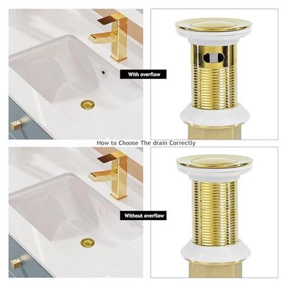 Bathroom Sink Drain,Drain Stopper Gold Stainless Steel Bathroom Sink with Overflow,Small Cap Pop Up Drain Assembly with Detachable Strainer Basket,Built-in Anti-Clogging - color: Gold-small Cap, style: With Overflow