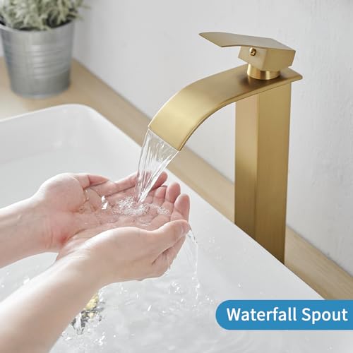 RUMOSE Tall Bathroom Faucet Vessel Sink Faucet with Drain, Brushed Gold | Modern Single Handle One Hole Bathroom Faucet Waterfall Rv Lavatory Vanity Faucet Mixer Tap, Pop Up Drain, Stainless Steel - color: Brushed Gold