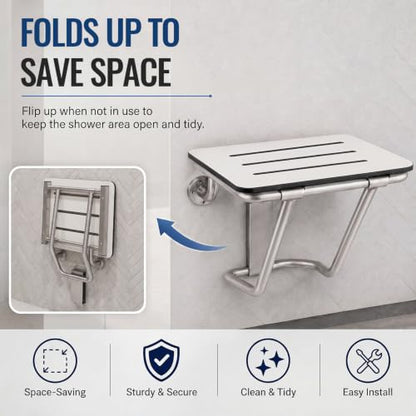 Leinuosen 18" x 15" Folding Shower Seat Bench ADA Compliant Wall Mount Phenolic White Foldable Shower Chair with Stainless Steel Support 400 Lbs Capacity for Inside Bathroom Bathtub Small Space