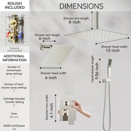 STARBATH Shower Faucet Set Shower System with Diverter Valve Brushed Nickel | 12 Inch Ceiling Mount Rain Shower Head, 6 Inch Wall Mount Rainfall Shower Head and Handheld Spray for Two Person - color: Brushed Nickel, size: 12"+6"-02