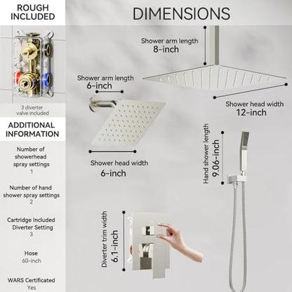 STARBATH Shower Faucet Set Shower System with Diverter Valve Brushed Nickel | 12 Inch Ceiling Mount Rain Shower Head, 6 Inch Wall Mount Rainfall Shower Head and Handheld Spray for Two Person - color: Brushed Nickel, size: 12"+6"-02
