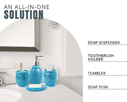 Comfify 4-Piece Bathroom Accessory Set - Ceramic Bath Set with Blue Glossy Finish - Modern Vanity Accessories Including Soap Dish, Tumbler, and Toothbrush Holder | Blue; 4-piece ceramic; Moroccan trellis embossed; dispenser, toothbrush holder, tumbler, so