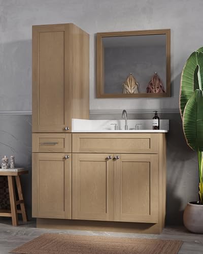 45" Bathroom Vanity with Linen Storage Tower, Carrara Quartz Top and Ceramic Sink, Left or Right Side Option, Solid Wood Frame, 46" x 22" x 72" (Natural Oak, Left Tall Cabinet) - color: Natural Oak