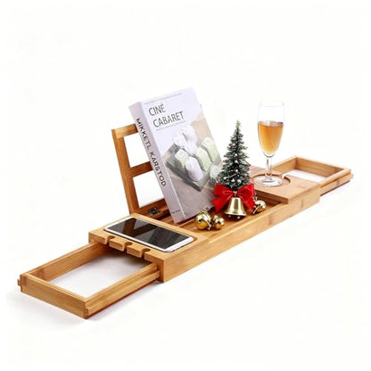 Utoplike Bamboo Bathtub Caddy Tray for Tub, Expandable Bath Table | Adjustable Bathroom Organizer, with Book Tablet Stand, Wine Glass Cup, Towel Holder - color: 19.8-33.5 in