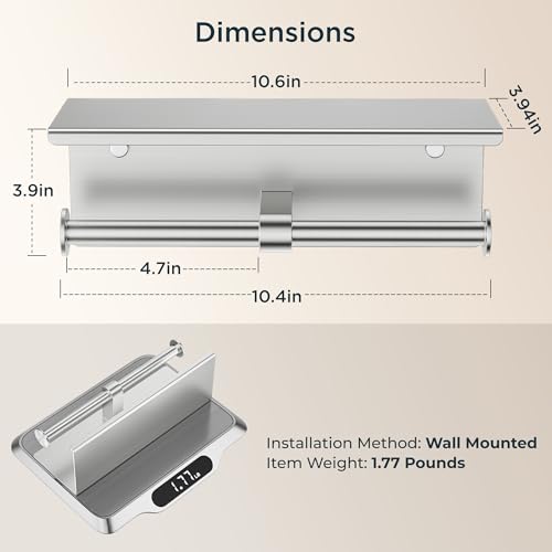 FORIOUS Toilet Paper Holder with Shelf, Commercial Toilet Paper Dispensers | Brushed Nickel | Wall Mount Bathroom Tissue Holder | SUS304 Stainless Steel Rustproof | Double Tissue Roll Holder - color: Stainless Steel