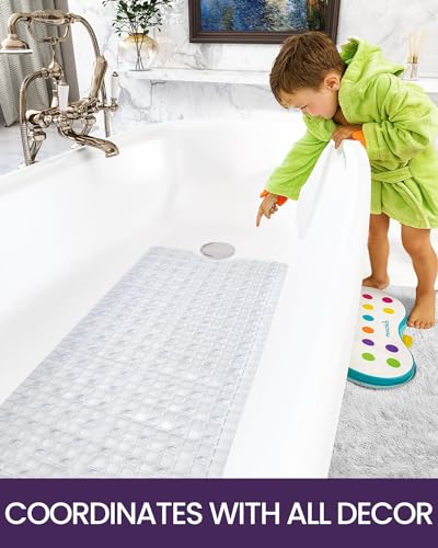 DEXI Bathtub Mat Non Slip, 39x16 Bath Tub Shower Floor Bathroom Mats Clear | Extra Long Suction Cups, Drain Holes, Machine Washable for Tub Shower Floor Bathmat - color: Clear