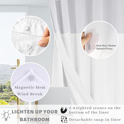 71x74 White Waffle Weave Fabric No Hooks Shower Curtain with Removable Polyester Liner - Heavy Duty Bath Curtain with See Through Top Machine Washable - color: White, size: 71"W x 74"L (Pack of 1)