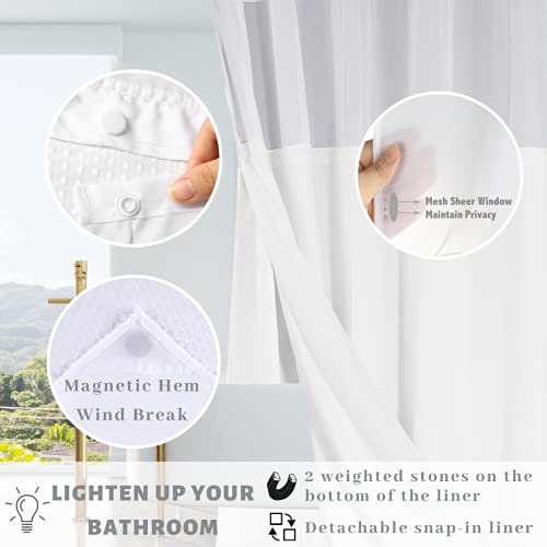 Hotel Grade Waffle Weave Fabric Hook Free Shower Curtain with Magnets Snap-in Liner - Heavy Duty Bath Curtain with See Through Top Machine Washable 71" W * 79“ L White - color: White, size: 71"W x 79"L (Pack of 1)